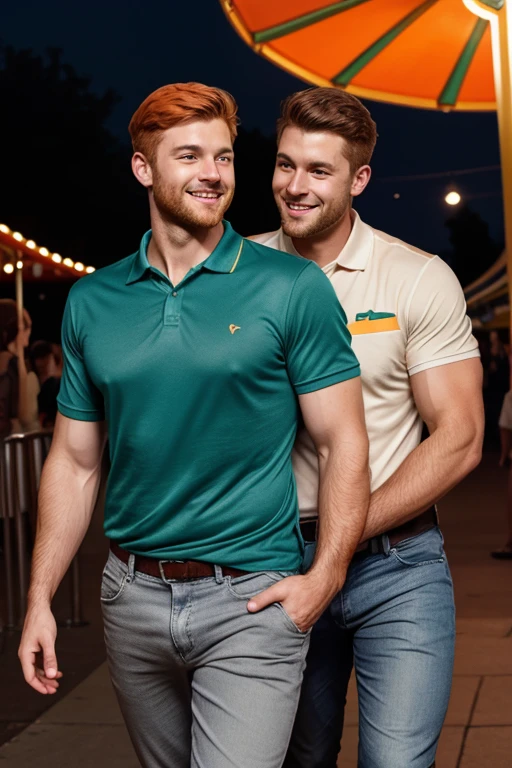 Photo-realistic. A tall, muscular, handsome, 24-year-old jock, with orange hair, stubble, and green eyes, wearing a teal, graphic T-shirt, and jeans, arm around a fit, handsome, 30-year-old, man with short, shaved, brown hair, stubble, and blue eyes, wearing a short sleeve, pale yellow polo shirt, and gray slacks, walking close to each other, leaning into each other, smiling slightly, at a carnival, at night.