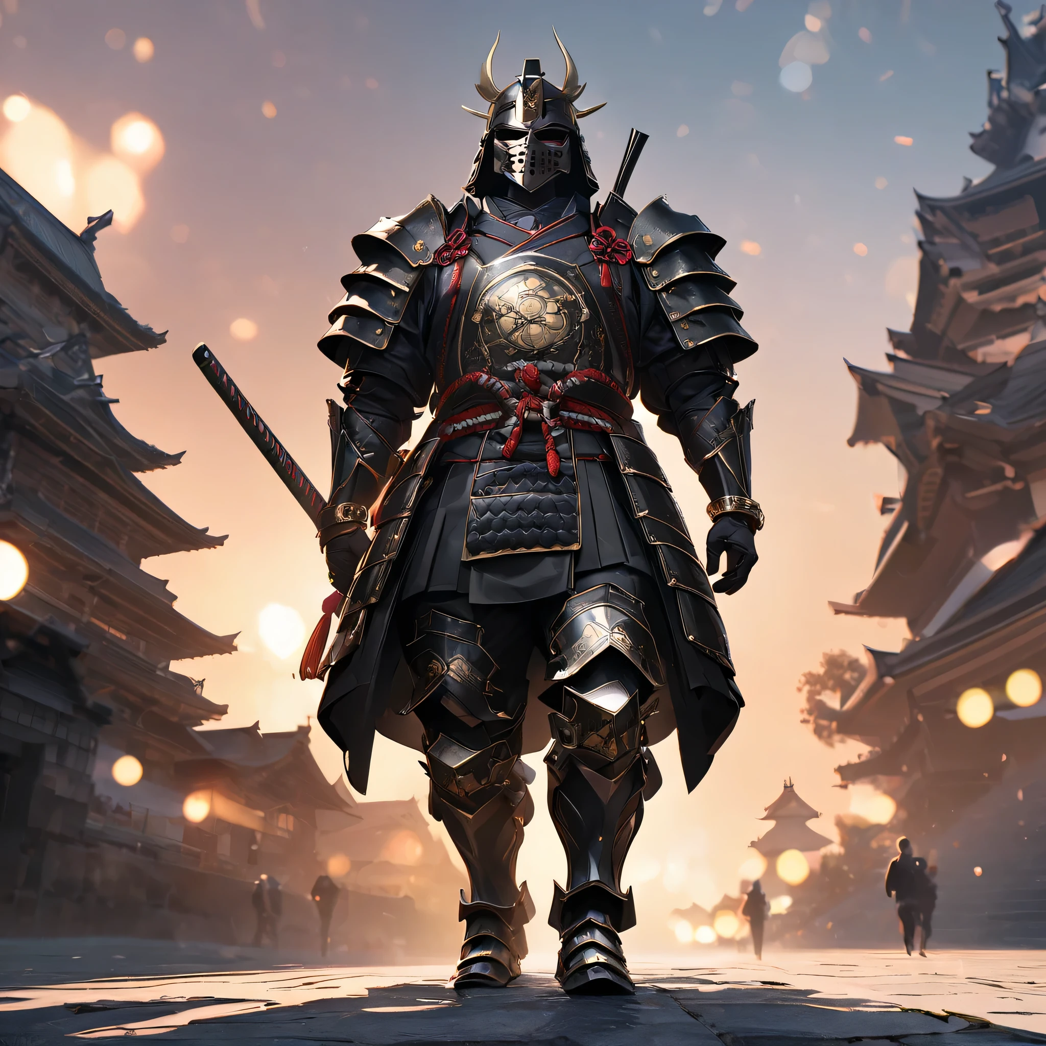 A samurai in heavy black armor with gold details, with sengoku style samurai helm, samurai mask, holding an unsheathed katana, metal bracelet, metal boots, walking on the bottom of a large traditional Japanese castle, full body,bokeh effect, stereogram, tachi-e, pov, atmospheric perspective, high detail, luminism, hyperrealism, brightness, 8k, super detail, accurate, best quality, high resolution, award-winning, anatomically correct
