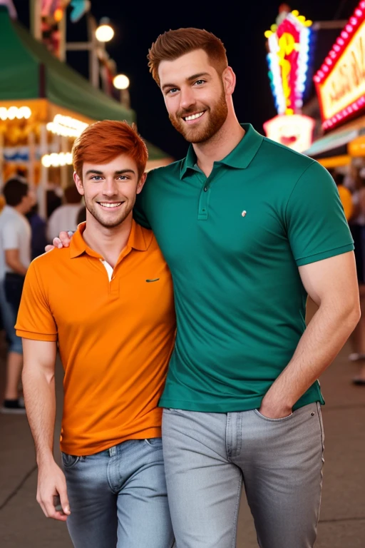 Photo-realistic. A tall, muscular, handsome, 24-year-old jock, with orange hair, stubble, and green eyes, wearing a teal, graphic T-shirt, and jeans, arm around a fit, handsome, 30-year-old, man with short, shaved, brown hair, stubble, and blue eyes, wearing a short sleeve, pale yellow polo shirt, and gray slacks, walking close to each other, leaning into each other, smiling slightly, at a carnival, at night.