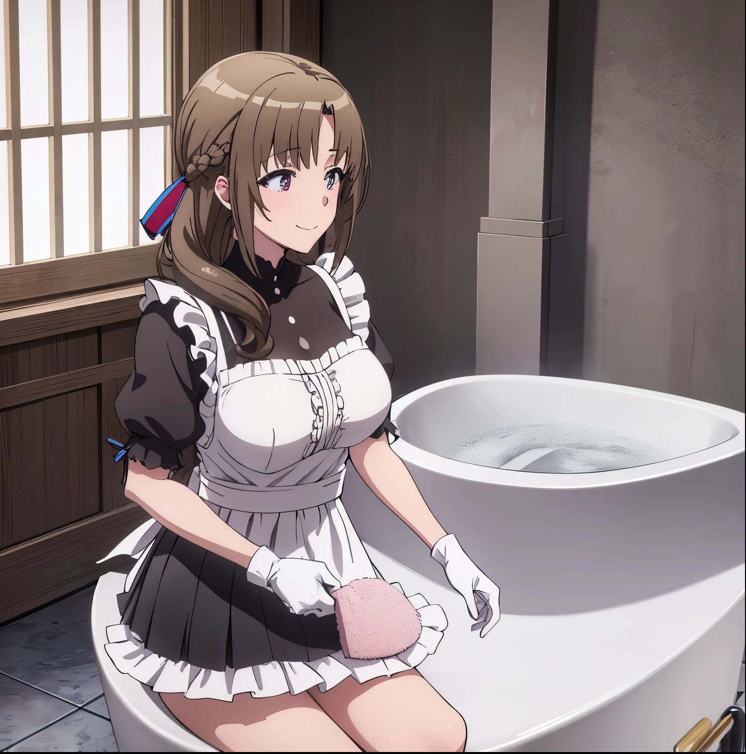 1girl, alone,Mamako oosuki, portrait, big breasts, smile, french maid dress, ((short skirt)), frills, apron, (((scrubbing tub))), bathroom, perfect quality, good quality, masterpiece, HDR, UHD , perfect hands, perfect anatomy 