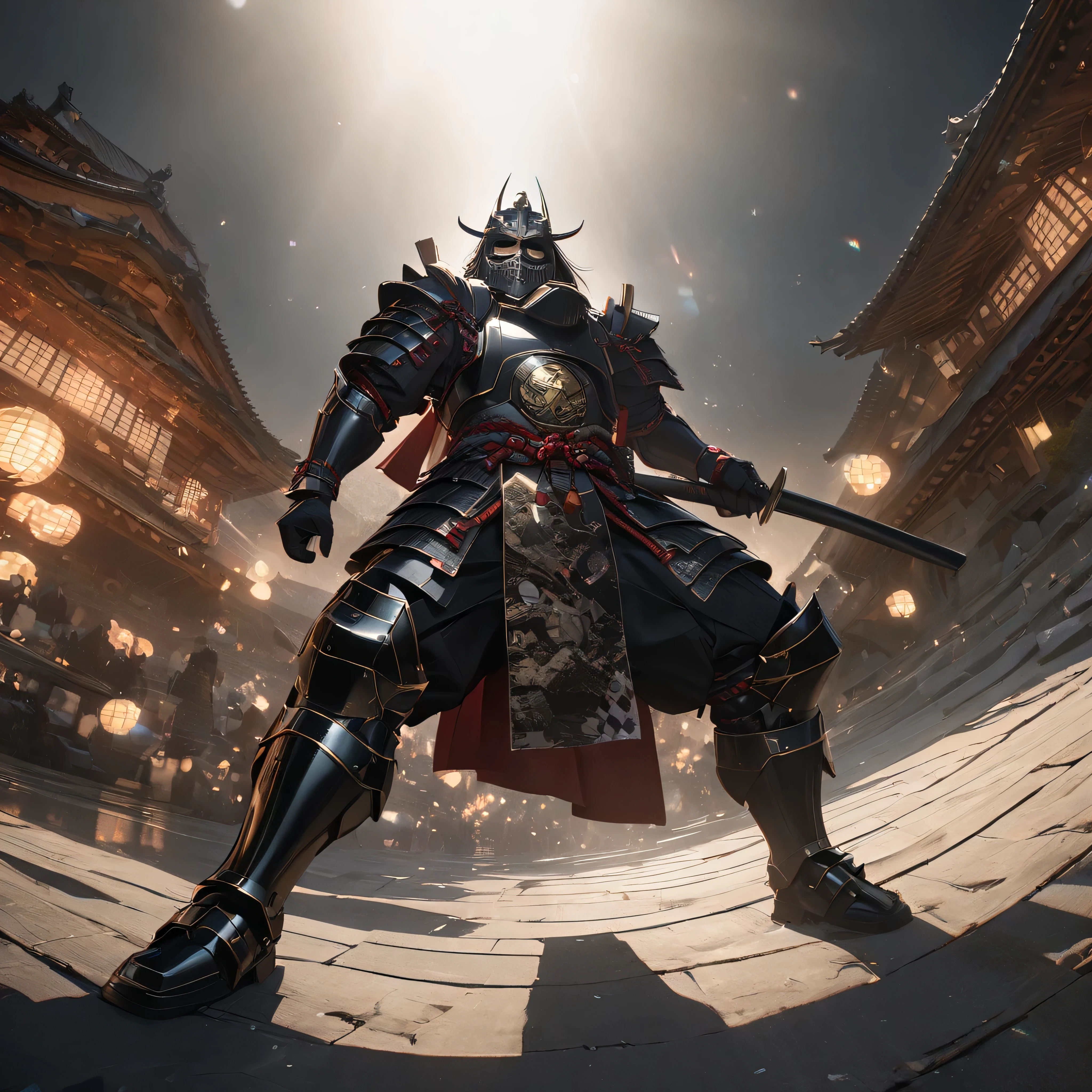 A samurai in heavy black armor with gold details, with sengoku style samurai helm, samurai mask, holding an unsheathed katana, metal bracelet, metal boots, walking on the bottom of a large traditional Japanese castle, full body,bokeh effect, stereogram, tachi-e, pov, atmospheric perspective, high detail, luminism, hyperrealism, brightness, 8k, super detail, accurate, best quality, high resolution, award-winning, anatomically correct
