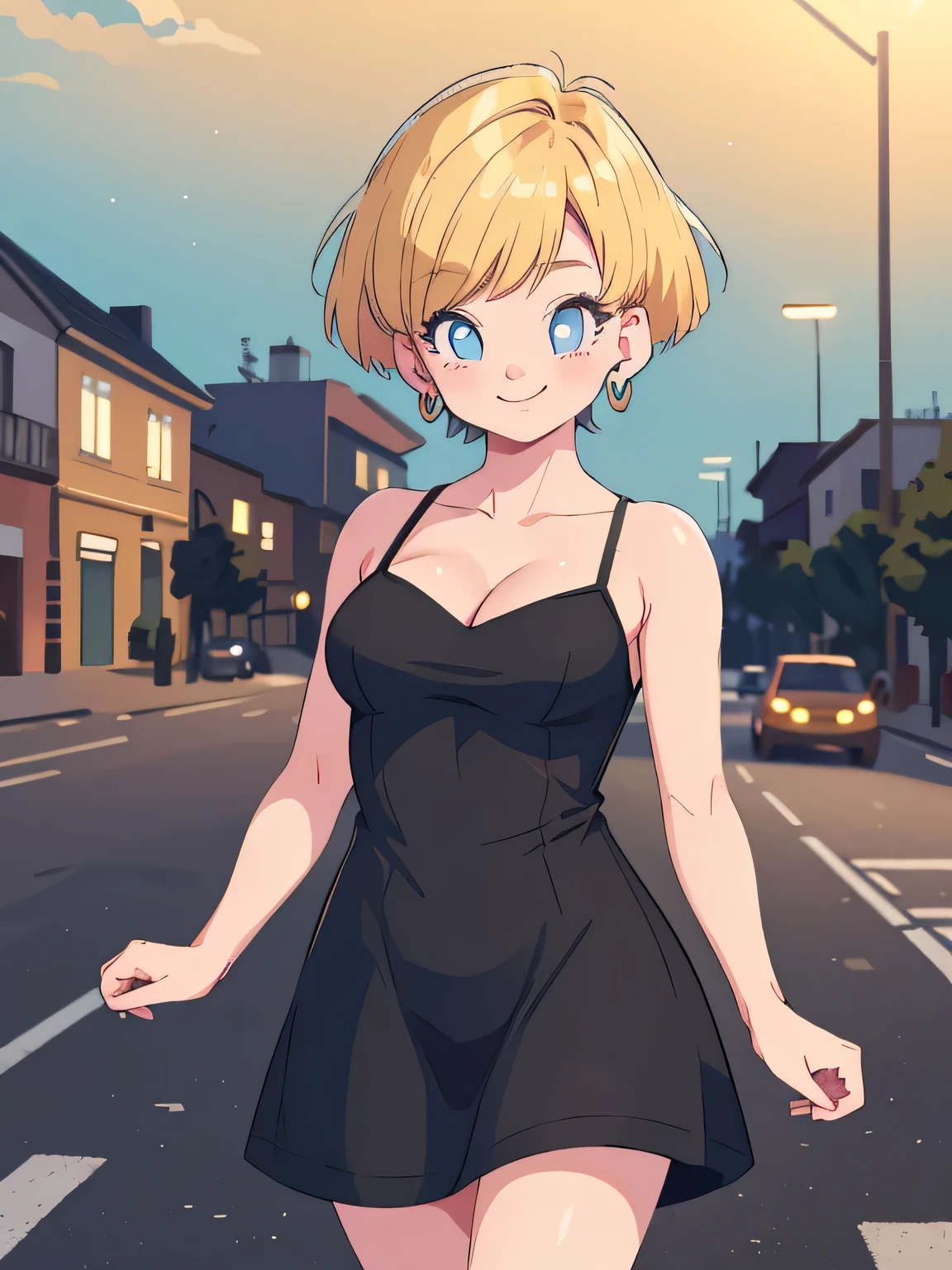 (Best Quality, Masterpiece:1.4), (Absurdres:1.2), erasa, blonde hair, short hair, blue eyes, earrings, masterpiece, best quality, very aesthetic, absurdres, spaghetti strap, skin tight black dress, sleeveless, night, street, standing, cowboy shot, medium breast, smile, 1 girl, solo