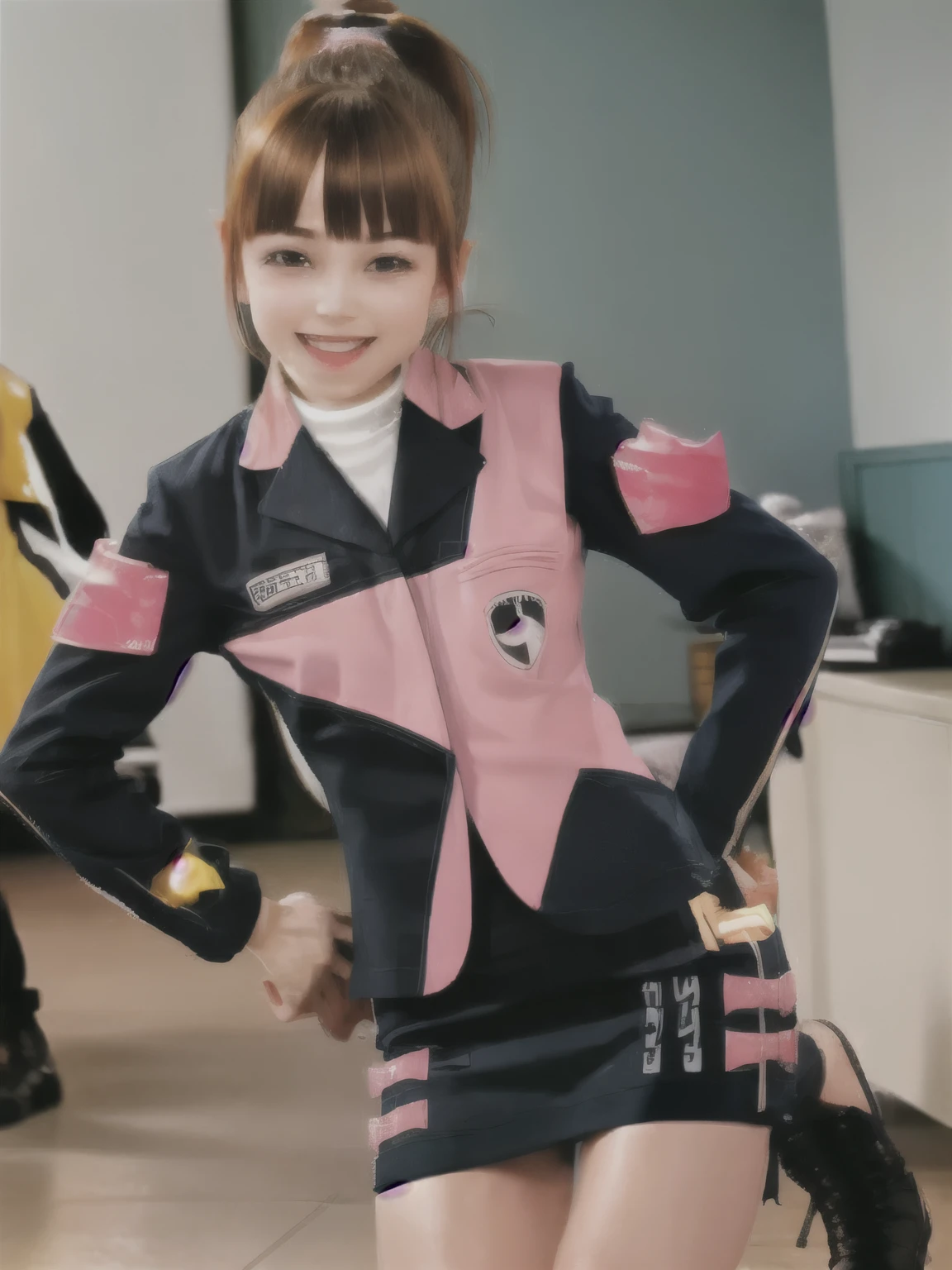 ((masterpiece,highest quality)) (Highly detailed CG), (Ray Tracing) (highest quality), Perfect Face, Shiny skin, Shiny skin, , Depth of written boundary,Wide Hips, Tight waist, Umeko, Brown Hair, skirt, ponytail, Jacket, boots, pencil skirt, uniform, Brown eyes, Long sleeve, short hair, Black footwear, star (symbol), blush, bangs, Armband,indoor,Hands on hips, :d