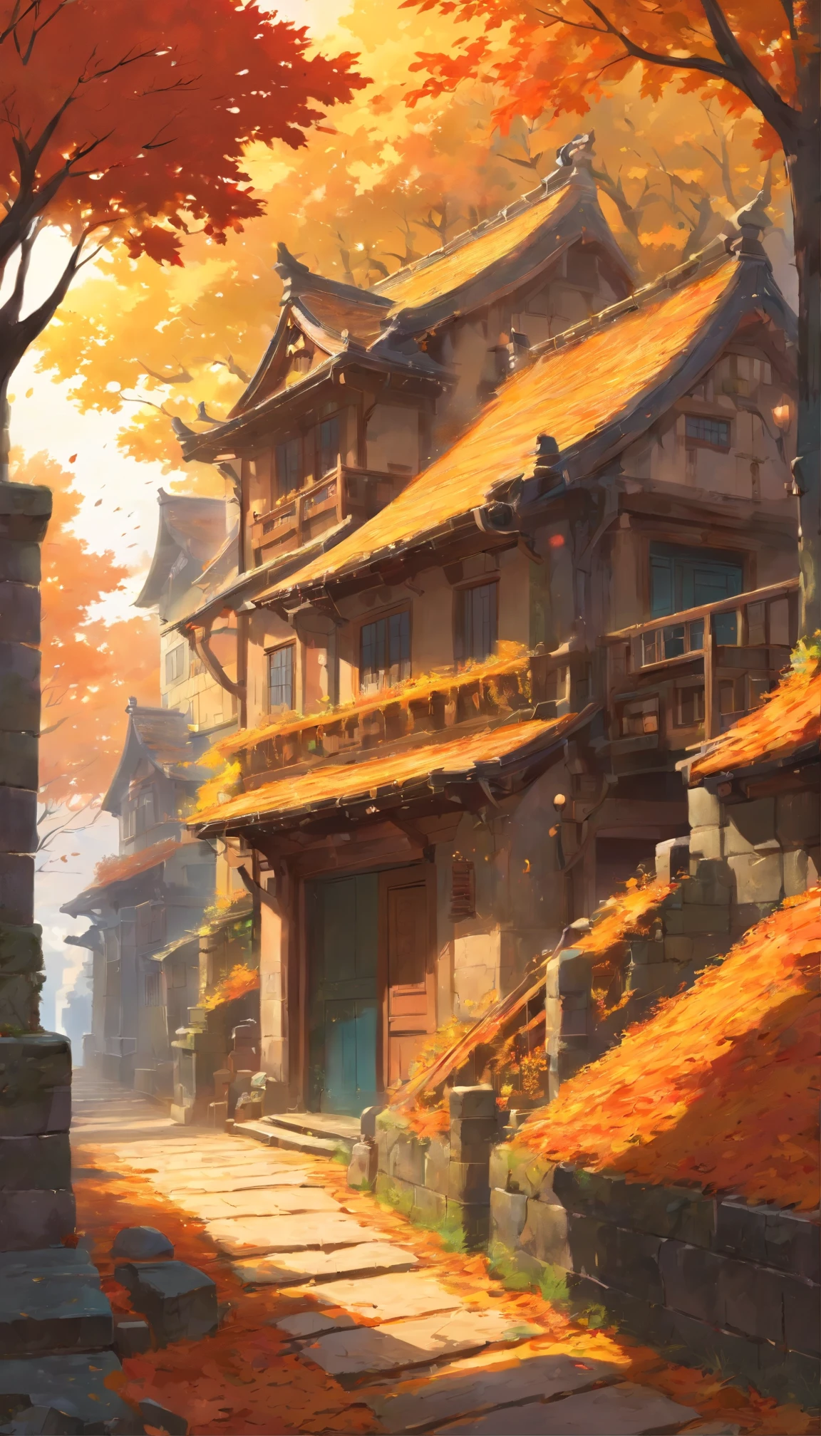 dramatic lighting, vibrant colors, crumbling architecture, fallen leaves, mysterious atmosphere, intricate details, autumnal colors, textured brushstrokes, surreal elements