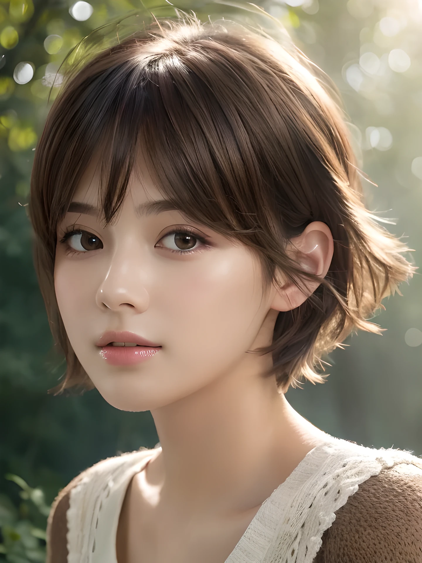 masterpiece, highest quality, High resolution, wallpaper, realistic, (bright lighting:1.4), professional lighting, face light, smooth lighting, (shoot from front:1.8), 1 girl, closeup-face, cute, sleepy, open mouth to say something, shy, Beautiful girl, gravure, sexy, super beautiful, beautiful skin, beautiful and detailed eyes、detailed face、slim、moderately, pixie cut, brunette colored hair, brown eyes, Professional Photography, Bokeh, Portrait, The morning sunlight shines through the misty forest path.