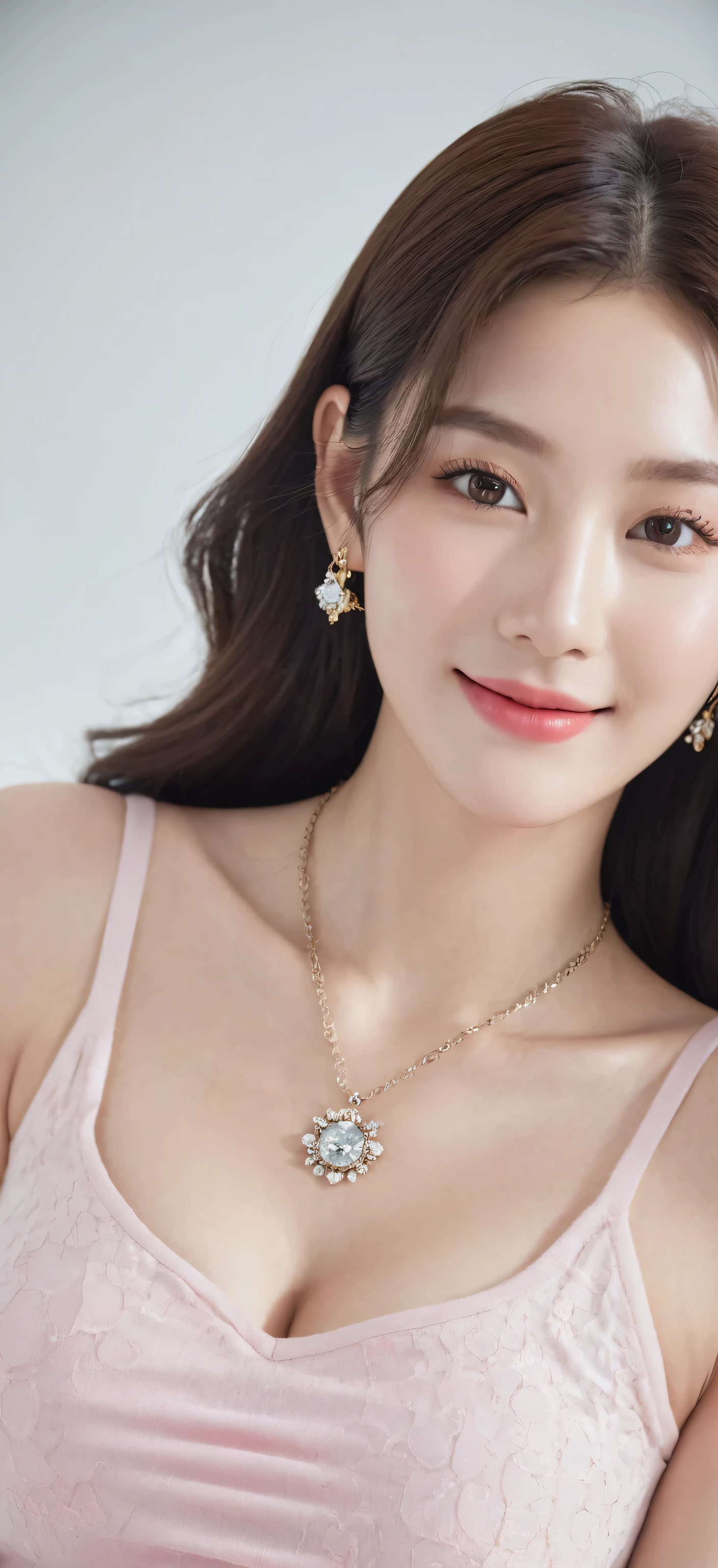 (Canon RF85mm f/1.2,best quality,Reality:1.4,light),(1 girl,Korean mixed,Korean Idol:1.2,beautiful long_Slim_leg),(long_Brown_Wavy_hair),(pink_Shiny_Lips,pink_Eyeshadow,eyelash,powder_blush,cosmetic),(White_Shiny_skin,black eyes,Pores,skin texture,Shiny),(necklace,earrings),Large Breasts,Smile,Dynamic poses