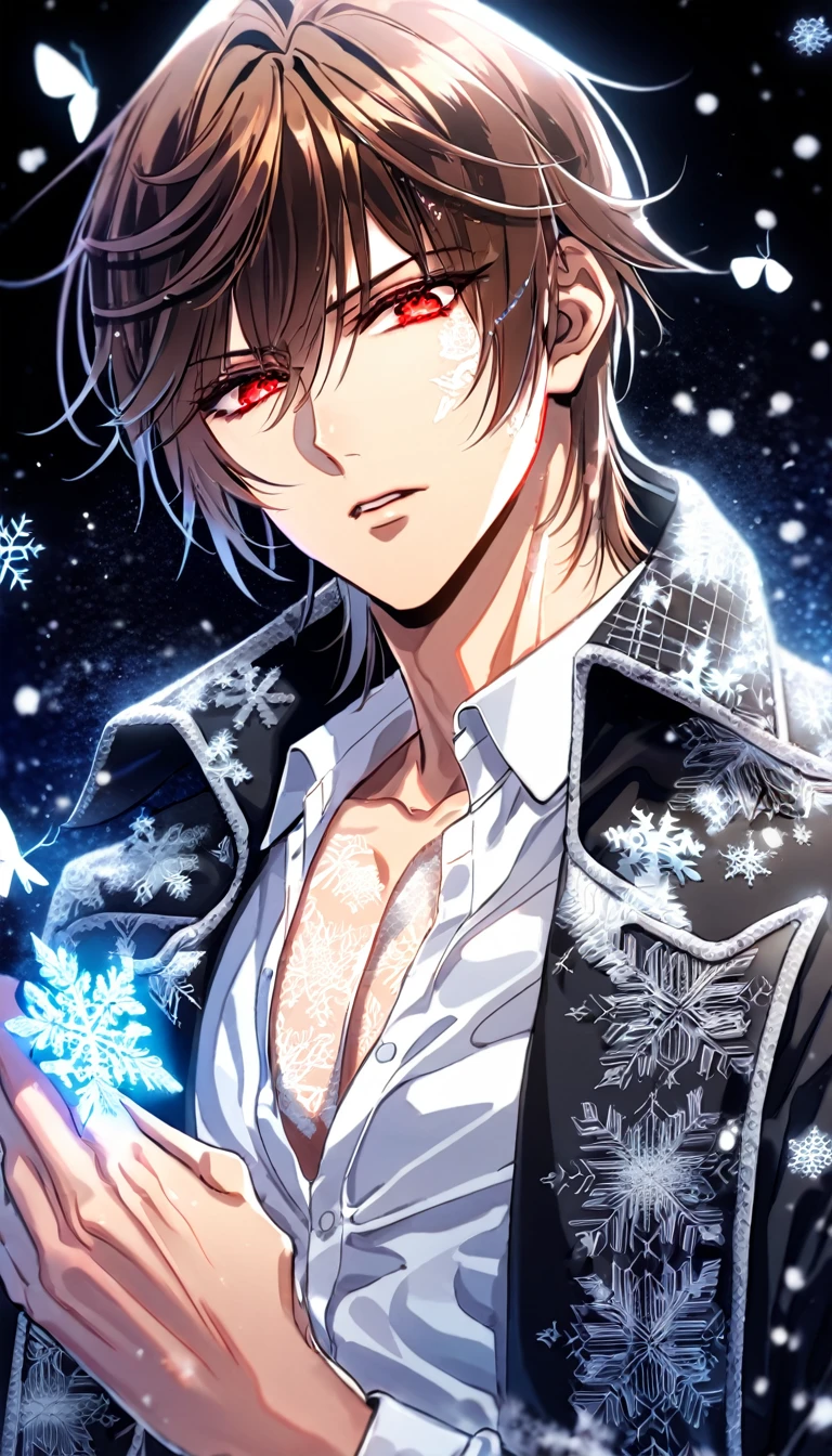 Ultra detailed, HDR, Highres, absurdres, master piece, Kaname Kuran, brown hair, expressive red eyes, black coat with patterns, Vampire Knight, ice butterflies, winter, ice, snowflakes, white flowers, sexy man, solo, extremely detailed face and eyes, handsome, glittering, toned chest, white shirt,