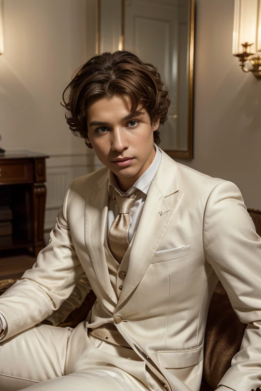 (tmasterpiece, high resolution, ultra - detailed:1.0), (1 boy, Young male), Eyes looking at the camera, Perfect male body, Extremely detailed CG, 8K wallpaper, Complicated details, solo person, ((Deep amber eyes)), ((Light brown hair with short curly edges)), [Thick eyebrows], sitting room, ((White suit)),victorian age,color difference, Depth of field, dramatic shadow, Ray tracing, Best quality, Cinematic lighting, offcial art, Portrait