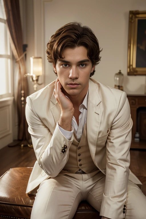 (tmasterpiece, high resolution, ultra - detailed:1.0), (1 boy, Young male), Eyes looking at the camera, Perfect male body, Extremely detailed CG, 8K wallpaper, Complicated details, solo person, ((Deep amber eyes)), ((Light brown hair with short curly edges)), [Thick eyebrows], sitting room, ((White suit)),victorian age,color difference, Depth of field, dramatic shadow, Ray tracing, Best quality, Cinematic lighting, offcial art, Portrait