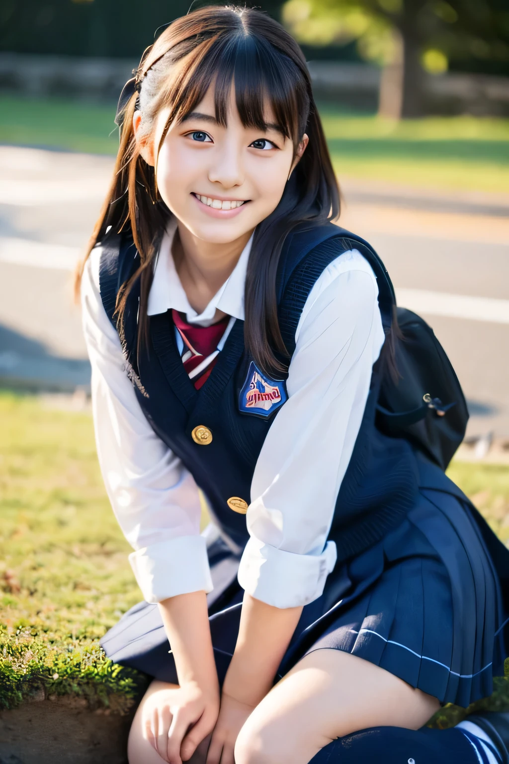 ((masterpiece)), japanese, (a girl), (18 years old), (((school uniform))), smiling, outdoor, dark blue knit vest, thighs, 