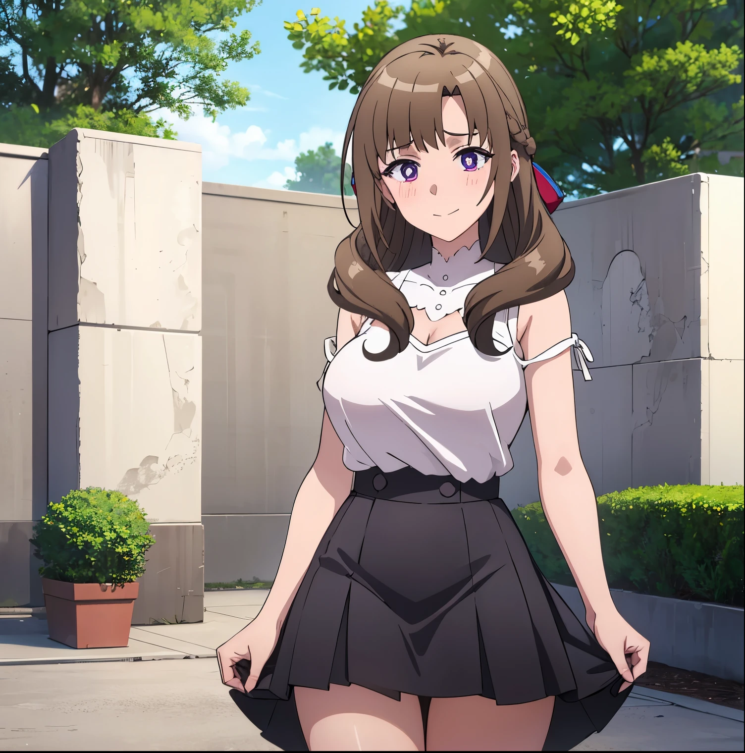 1girl, alone,mamako oosuki,Huge , busty, masterpiece, (best quality),   brown hair,  long hair,  (hair down), purple eyes,mature female, white shirt, long skirt, sweater, ribbon,sexy woman,smile,  ,closed clothes, embarrassed,blush,  bare shoulders, vibrant colors ,natural lighting  ,RTX,big breasts, medium waist, wide hips, medium thighs, round butt  , beautiful, (detailed face:1.2), showcase, (perfect eyes:1.1) , 8k uhd,  looking at viewer, outdoors,  simple backround, perfect hands, perfect anatomy 