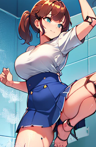 A Female robot exposes her inside mechanical organ(it so called "mechabare"). spread legs, nude, banzai pose. she wears no dress. Her Brown short hair is tied with two big red clothespins, She lifts up the under hem of her white plain dress, leaning over, masterpiece, very short pigtails,brown hair, mature, android, blue eyes, full body figure, Height: 160cm, flushed cheeks, 2020s anime picture, A beautiful robot with short brown hair in two short pigtails held up by two very large huge red clothespins, Uplifting, No NSFW, whole body, barefoot, archaic smile, getting orgasm, 25 years old, sweat bucket. short sleeve shirt, pleated skirt, skirt lift, no panties, full body shot, sexy face. under shower, floating hair, looking away. She wears swim pants. She has broken hardly by enemy.