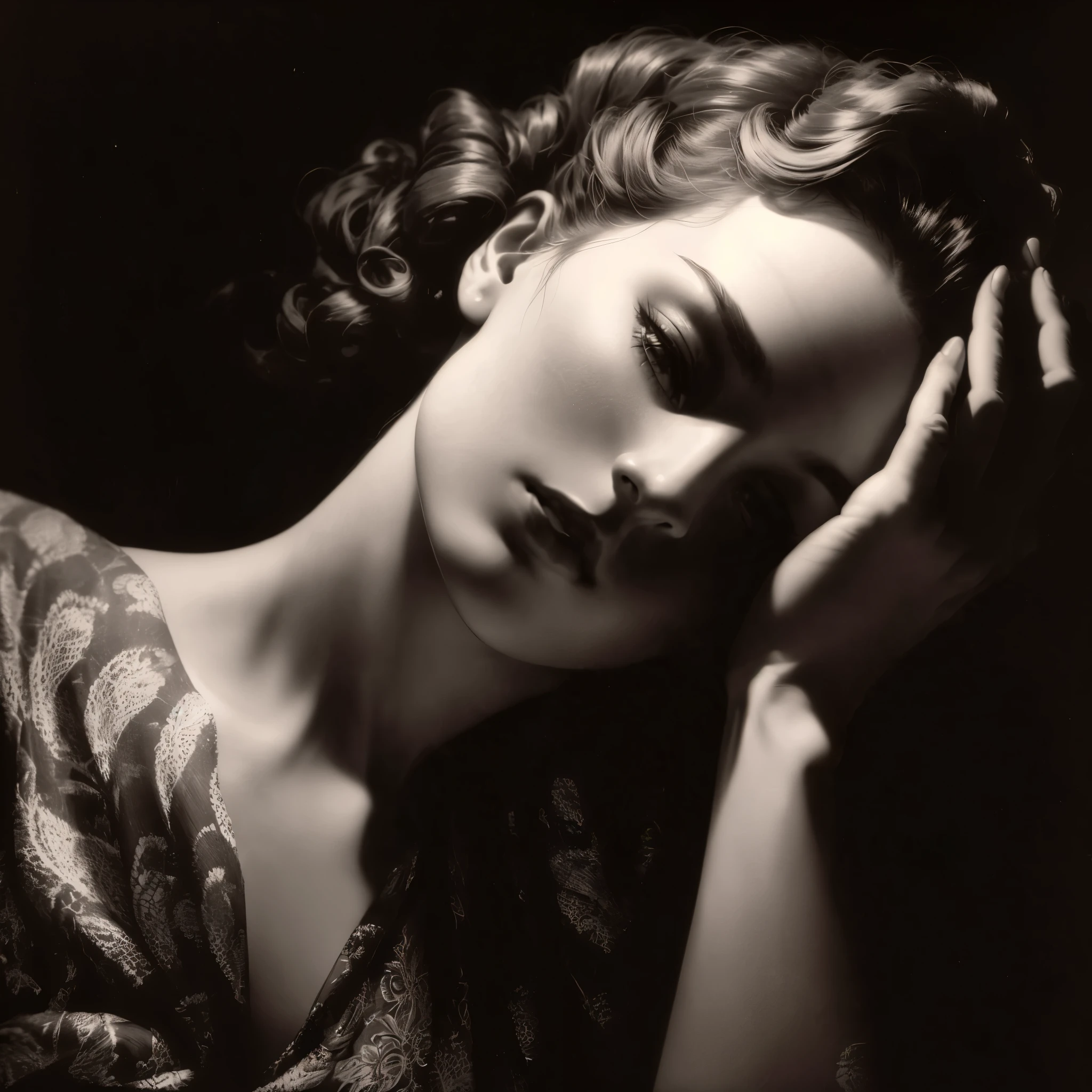 Mujer arafed con los ojos cerrados y las manos en la cabeza., por George Hurrell, por Max Dupain, por Peter Basch, por Yousuf Karsh, horst p. horst, por Jerry Schatzberg, inspired por Max Dupain, inspired por Jerry Schatzberg, inspired por George Hurrell, photography from the 40s