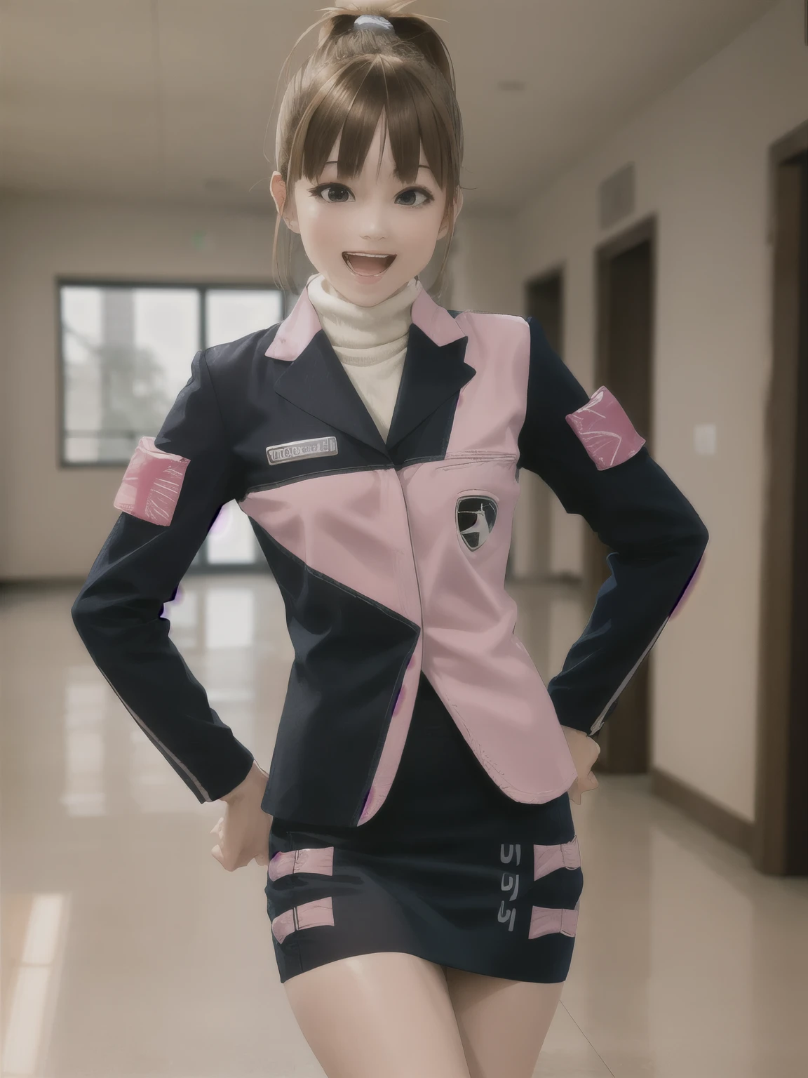 ((masterpiece,highest quality)),realistic,Big 、real photo、 Nice body、Dekaranger Umeko、Hu Tang Xiaomei、(Highly detailed CG), (Ray Tracing) (highest quality), ミニskirt、White panties、Perfect Face, Shiny skin, Shiny skin, , Depth of written boundary,Wide Hips, Tight waist, Umeko, Brown Hair, skirt, ponytail, Jacket, boots, pencil skirt, uniform, Brown eyes, Long sleeve, short hair, Black footwear, star (symbol), blush, bangs, Armband,indoor,Hands on hips, :d