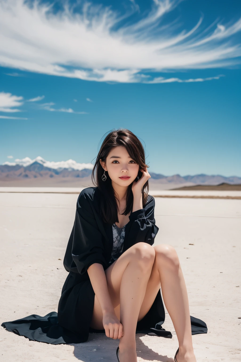 Beautiful woman sitting in fashionable clothes at Uyuni salt flats, magazine pose, landscape reflected on the ground,  (detailed facial expressions),