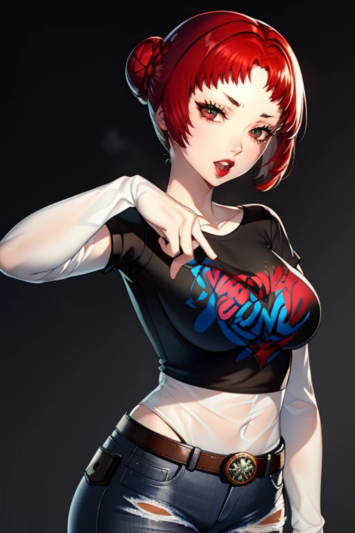 feMonica,red hair, hair bun, red eyes ,glossy lips , 1girl, solo, standing, black t-shirt, white shirt, blue jeans, belt, lipstick, large breasts