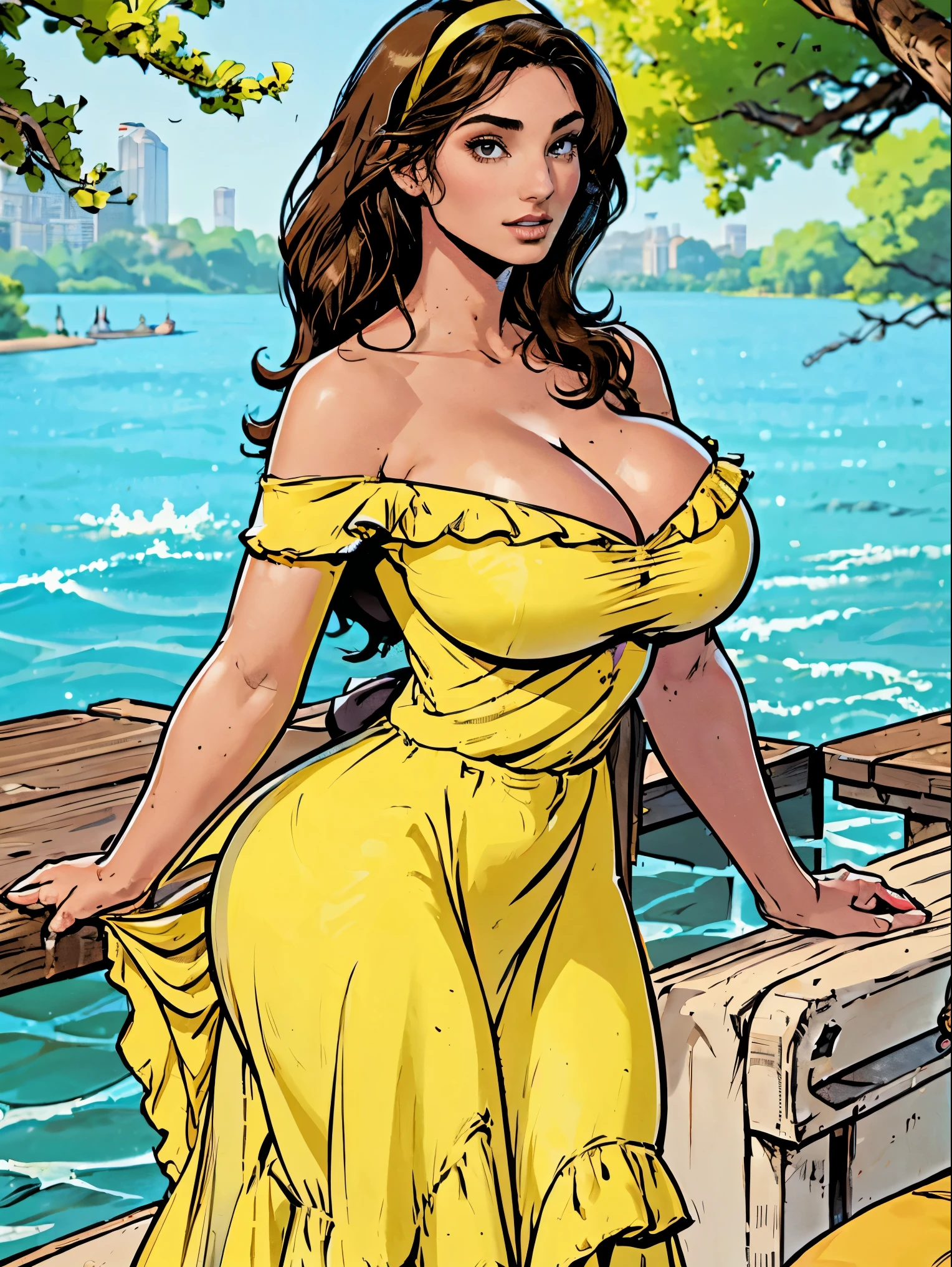 Gorgeous and sultry busty athletic (thin) brunette with sharp facial features and a (large nose) and (huge boobs) wearing a pale yellow off-shoulder ruffled sundress, hairband, long dress, skindentation, cleavage, park, lake, picnic