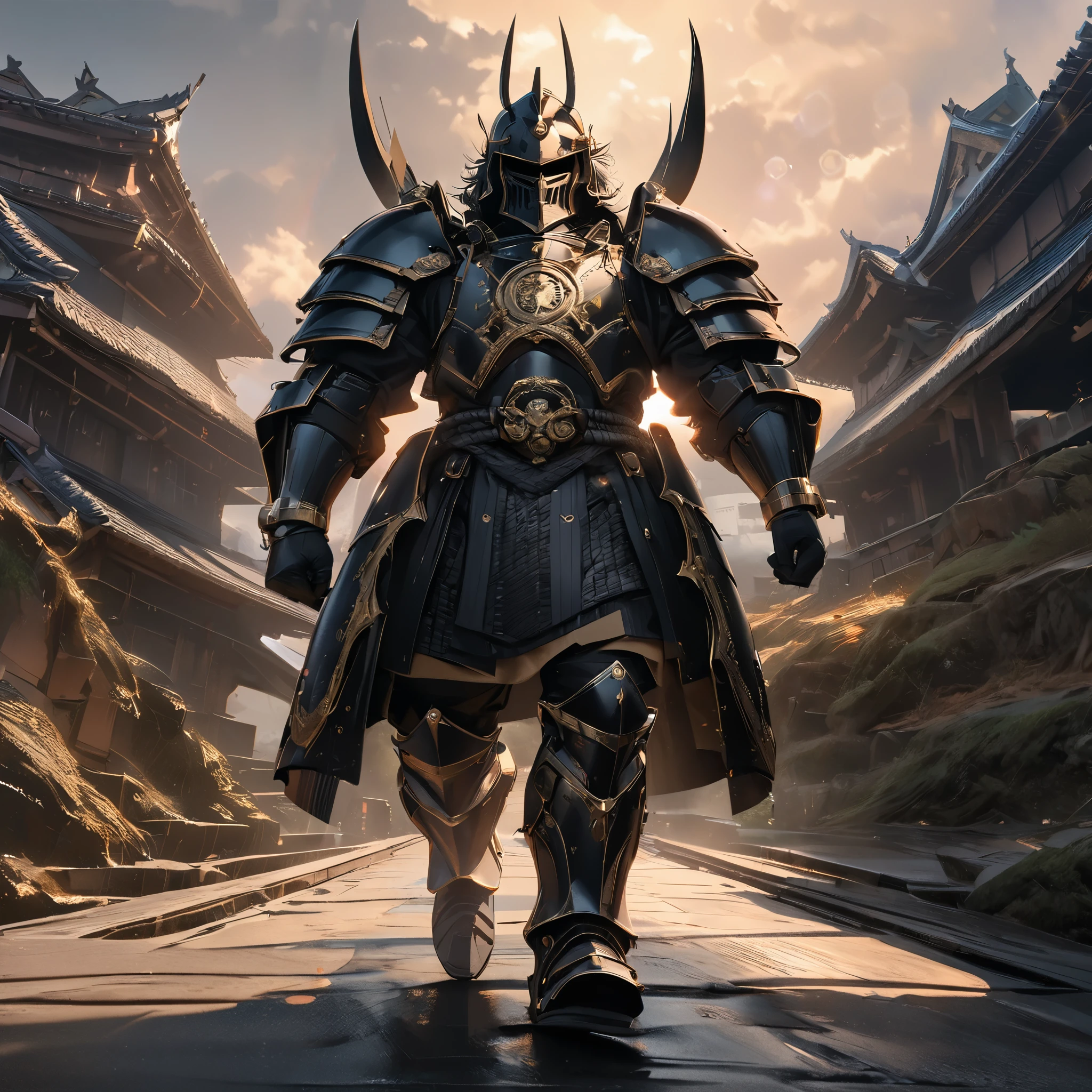 A samurai in heavy black armor with gold details, with sengoku style samurai helm, holding an unsheathed katana, metal bracelet, metal boots, walking on the bottom of a large traditional Japanese castle, full body,bokeh effect, stereogram, tachi-e, pov, atmospheric perspective, high detail, luminism, hyperrealism, brightness, 8k, super detail, accurate, best quality, high resolution, award-winning, anatomically correct