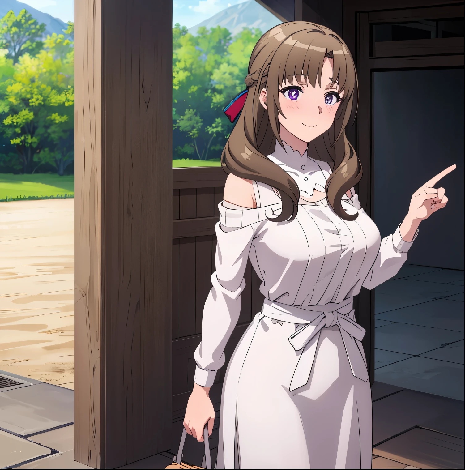 1girl, alone,mamako oosuki,Huge , busty, masterpiece, (best quality),   brown hair,  long hair,  (hair down), purple eyes,mature female, white shirt, long skirt, sweater, ribbon,sexy woman,smile,  ,closed clothes, embarrassed,blush,  bare shoulders, vibrant colors ,natural lighting  ,RTX,big breasts, medium waist, wide hips, medium thighs, round butt  , beautiful, (detailed face:1.2), showcase, (perfect eyes:1.1) , 8k uhd,  looking at viewer, outdoors,  simple backround, perfect hands, perfect anatomy 