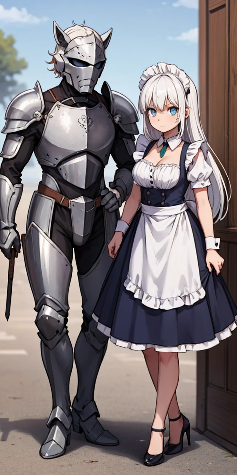 Female, standing, straight, long_hair, messy_hair, white_hair, maid with armor, metal high heels