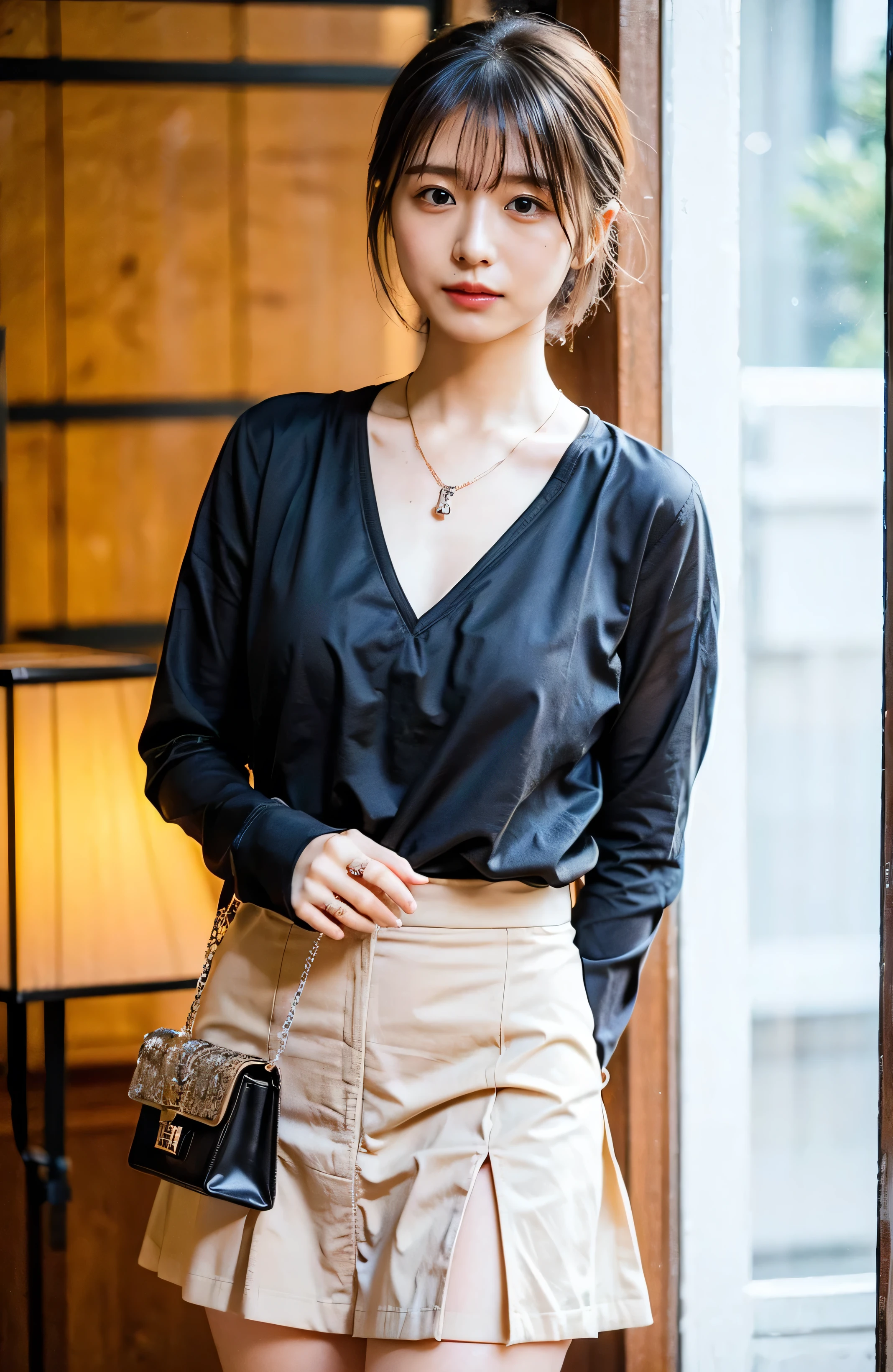 Elegant attire、A luxurious bag、In front of a stylish cafe、A lovely smile、((Nagoya street corner))、Full body photo、ring、Luxurious clothing、Short skirt、Tuck your hair behind one ear、Silver Necklace、smile、 elegant ponytail、Caustics、Highly detailed photos、Very beautiful eyeedium Short Hair、Large Breasts、Super no makeup、(8k、RAW Photos、highest quality、masterpiece:1.2)、(Realistic、Realistic)、1 girl、((Medium Short Hair、Looking into the camera:1.4))、Hair blowing in the wind、Lens flare、