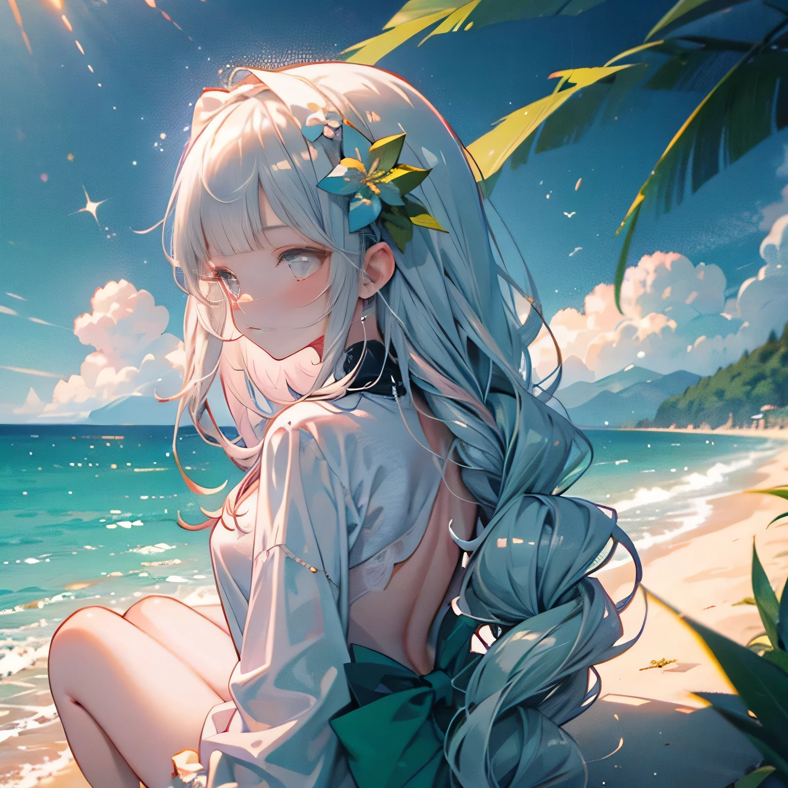 (pink elegant one piece swimsuit),(flat sitting on the beach),(looking back at the viewer),full body,low angle,from below,((both arms down)),(pink elegant one piece swimsuit),((1girl,cute,young,semi long beautiful silver green hair,blunt bangs,beautiful eyes)),(solo),((masterpiece, highest resolution,best quality)), (beautiful illustration),(looking at the viewer), innocent lovely laugh,cinematic lighting,beautiful emerald green beach, white sand,waves,clouds,blue sky