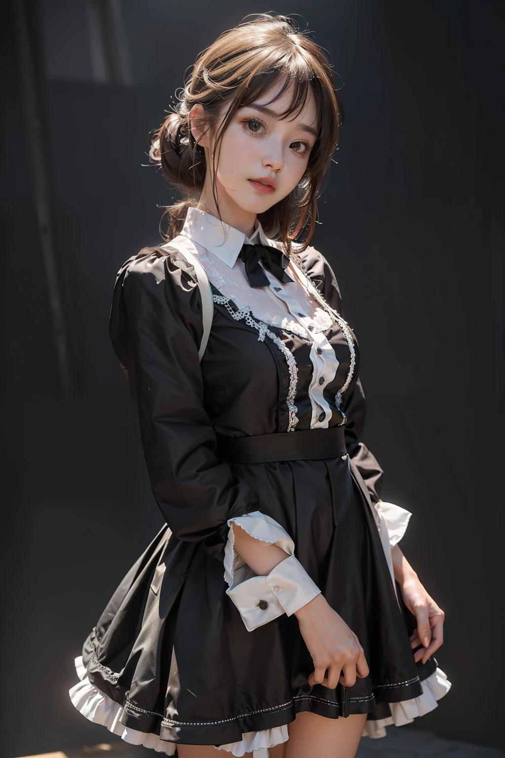 Realistic, Photorealistic, NSFW, Solo, Solo Focus, Cinematic Light, (Detailed Face and Beautiful Eyes: 1.2), (Masterpiece: 1.5), (Best Quality): 1.2), Ribbon, Black Ribbon, Kawaii Eyes, Twin Tails, Thigh Socks, Black Hair, Lace, Cowboy Shots, Shirts, Black Footwear, Mine System, Black Bow Tie, Bangs, Long Sleeves, Ruffles, Ribbon, standing, white underwear, tense underwear, blue bow, hair ribbon, hair bow, long hair, choker, small breasts, small ass, (crying), (crying), (crying), (crying for help), ((chained, arms raised, folded behind the head)), (dark dungeon), (涎))), Orchan-6500