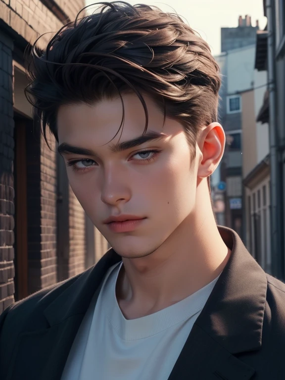 masterpiece, best quality, realistic, 1man, mature male, quiet and charming young man, 35 years old, close his eyes, serious, closed mouth, extremely detailed face, cold, ((dark grey eyes)), ((short-right-swept dark brown hair)), [thick eyebrows], ((hunter)), accurate, detailed, ((town))