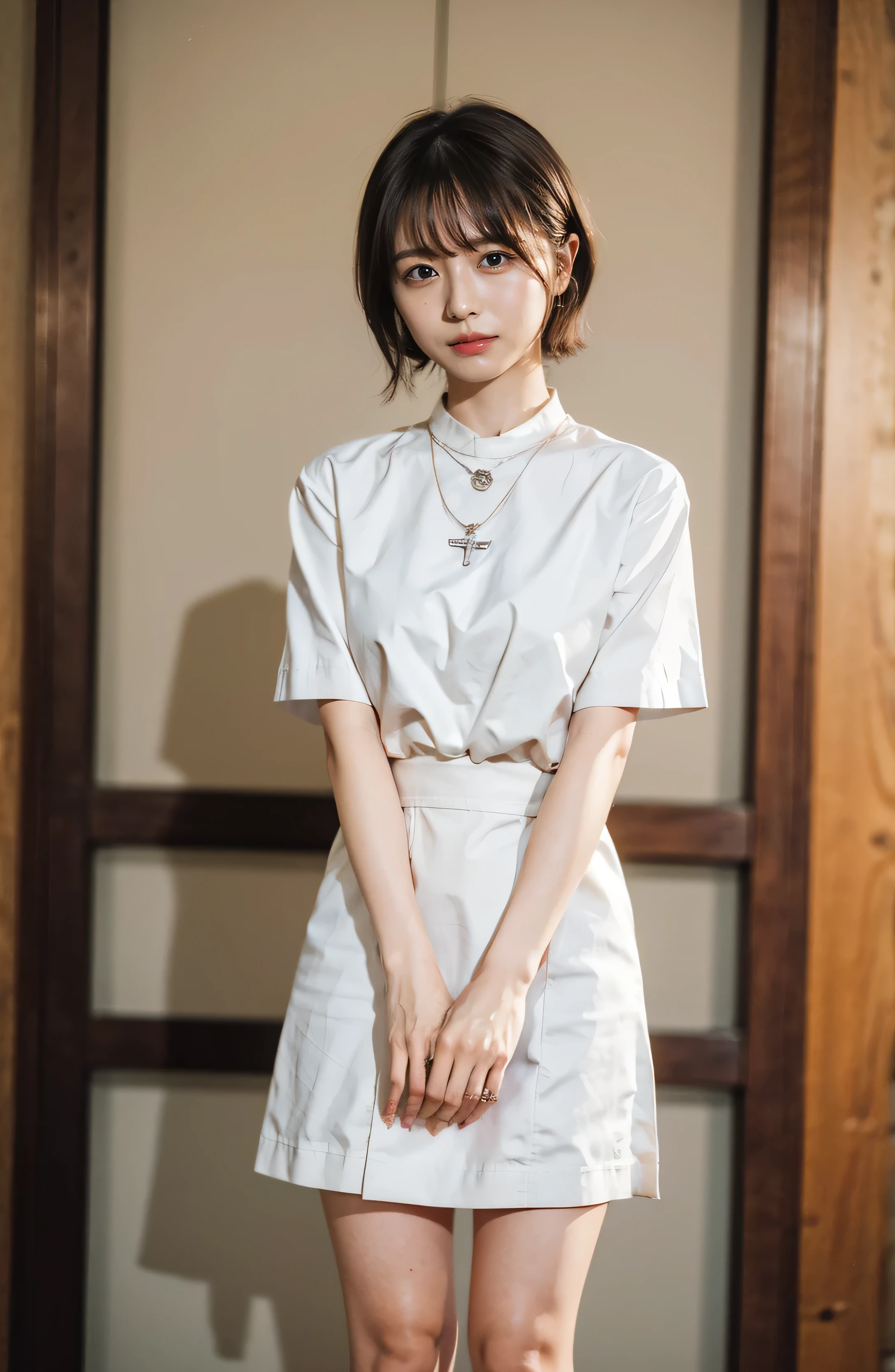 A classy white collared shirt、Elegant attire、A luxurious bag、In front of a stylish cafe、A lovely smile、((Nagoya street corner))、Full body photo、ring、Luxurious clothing、Short skirt、Tuck your hair behind one ear、Silver Necklace、smile、 elegant ponytail、Caustics、Highly detailed photos、Very beautiful eyeedium Short Hair、Large Breasts、Super no makeup、(8k、RAW Photos、highest quality、masterpiece:1.2)、(Realistic、Realistic)、1 girl、((Medium Short Hair、Looking into the camera:1.4))、Hair blowing in the wind