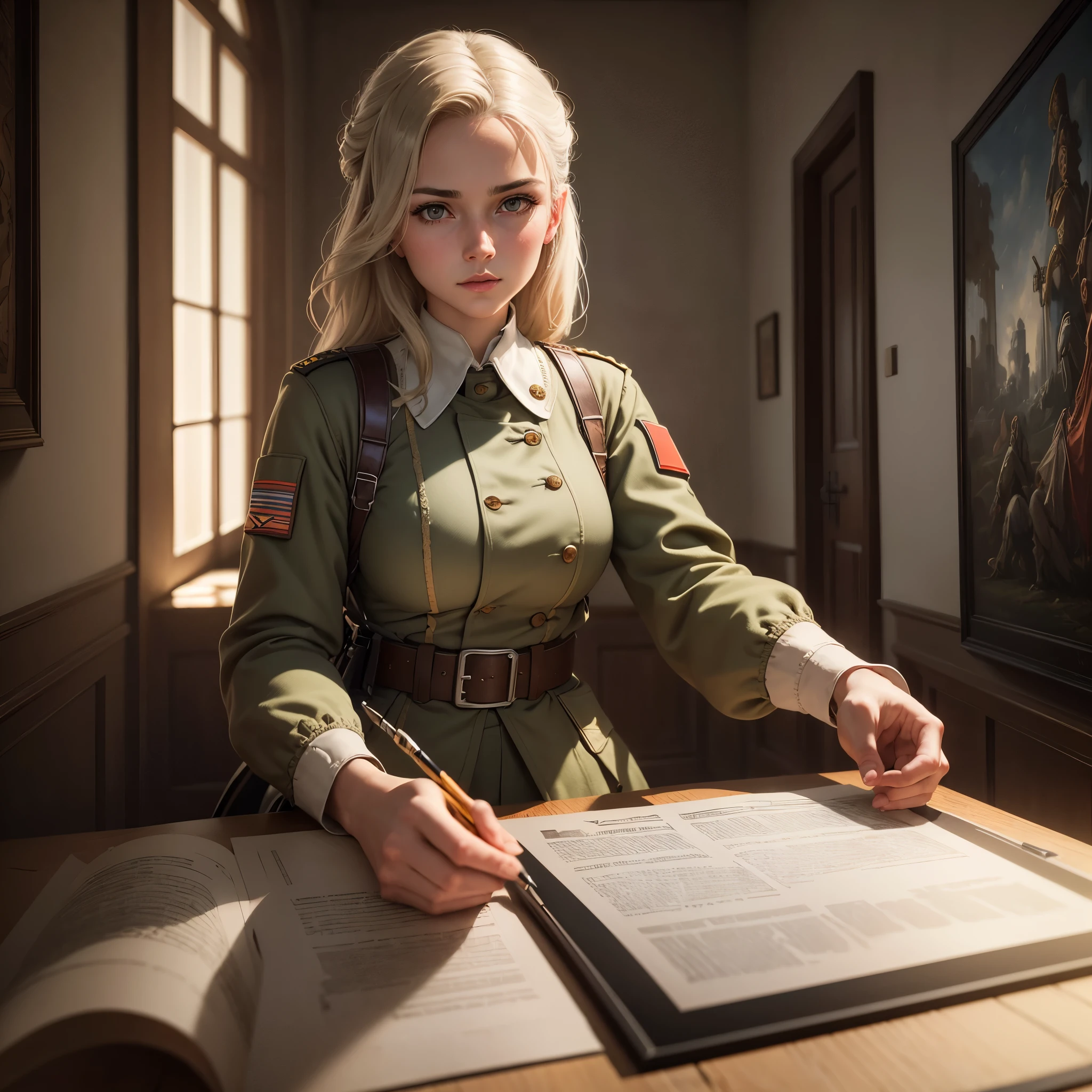 She is in the Soviet Army during WW2 and is preparing the defense plan in the HQ room, ((Best quality)), ((masterpiece)), (highly detailed:1.3), Depth-of-field, Multi-layered textures, HDR (High Dynamic Range), Ray Tracing, NVIDIA RTX, Unreal 5, Subsurface scattering, PBR Texturing, Post-processing, Anisotropic Filtering, Maximum clarity and sharpness, Wide aperture, Low ISO, White balance, Rule of thirds, 8K RAW, art, neoclassical painting, mural, Venetian painting style, oil painting,