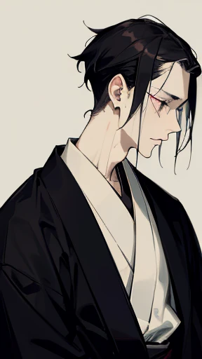 Black kimono from the Taisho period、（Pale-faced man）、（A sick and emaciated man）、Upper Body、Black Hair、Facing forward