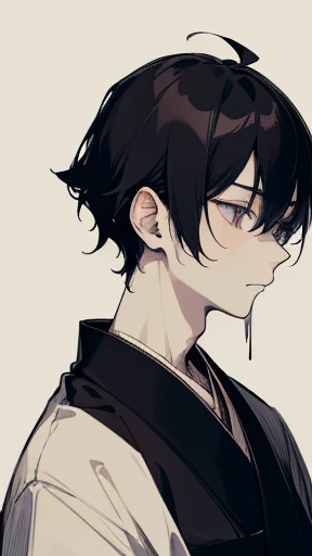 Black kimono from the Taisho period、(Pale-faced man)、(A sick and emaciated man)、Upper Body、Black Hair、Facing forward