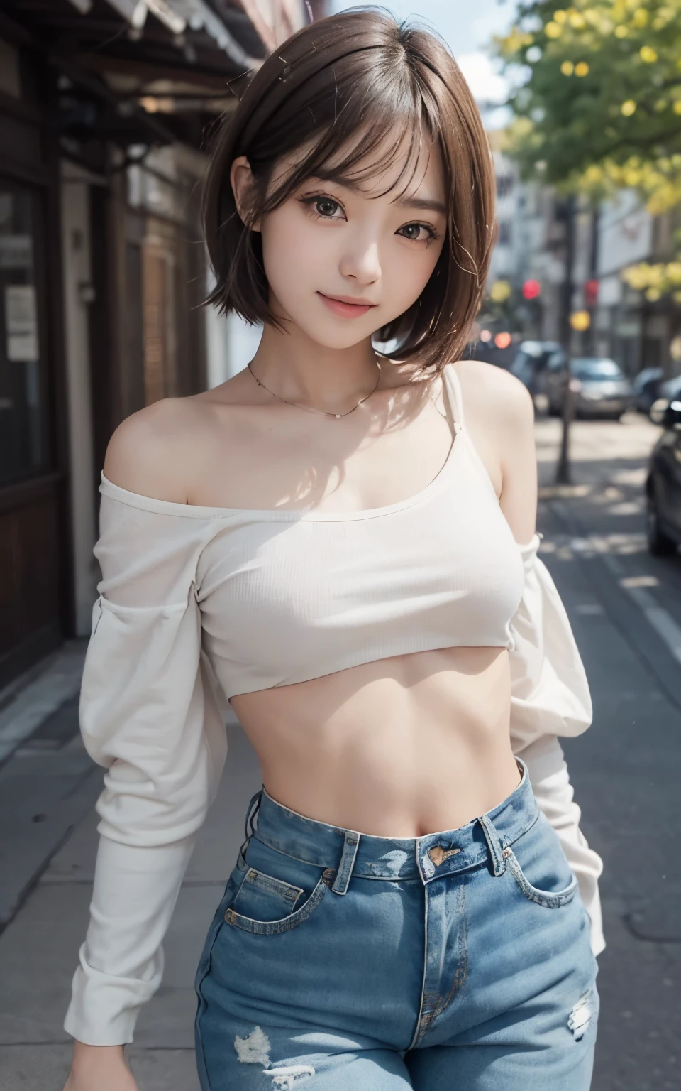 Small nipples、シャツの下の勃起したSmall nipples、no cropped shirts, Long shirt with mouth slightly open、Large Breasts、Camel Toe、Cute bulge in the crotch、Natural makeup、Distressed denim pants、Skimpy denim、Low-rise pants、Low-waisted pants、No underwear、No bra、Exposing shoulders、Cute 21 year old Japanese、sunny、shopping、city、Super detailed face、Pay attention to the details、double eyelid、A nice smile、Beautiful thin nose、Sharp focus:1.2、Beautiful woman:1.4、(Light brown hair,short hair、),Pure white skin、highest quality、masterpiece、Ultra-high resolution、(Photorealistic:1.4)、Highly detailed and professional lighting、nice smile、Show your whole body、Cute fall clothes