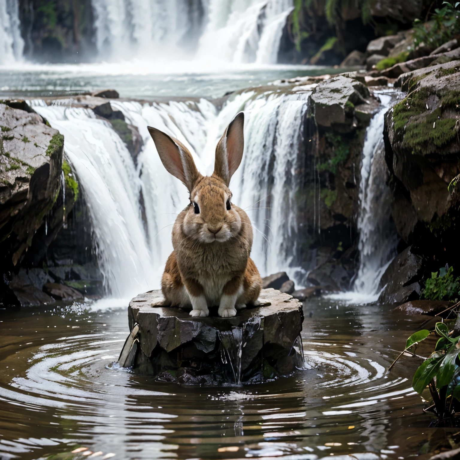 a rabbit drinking water in the waterfall at noon