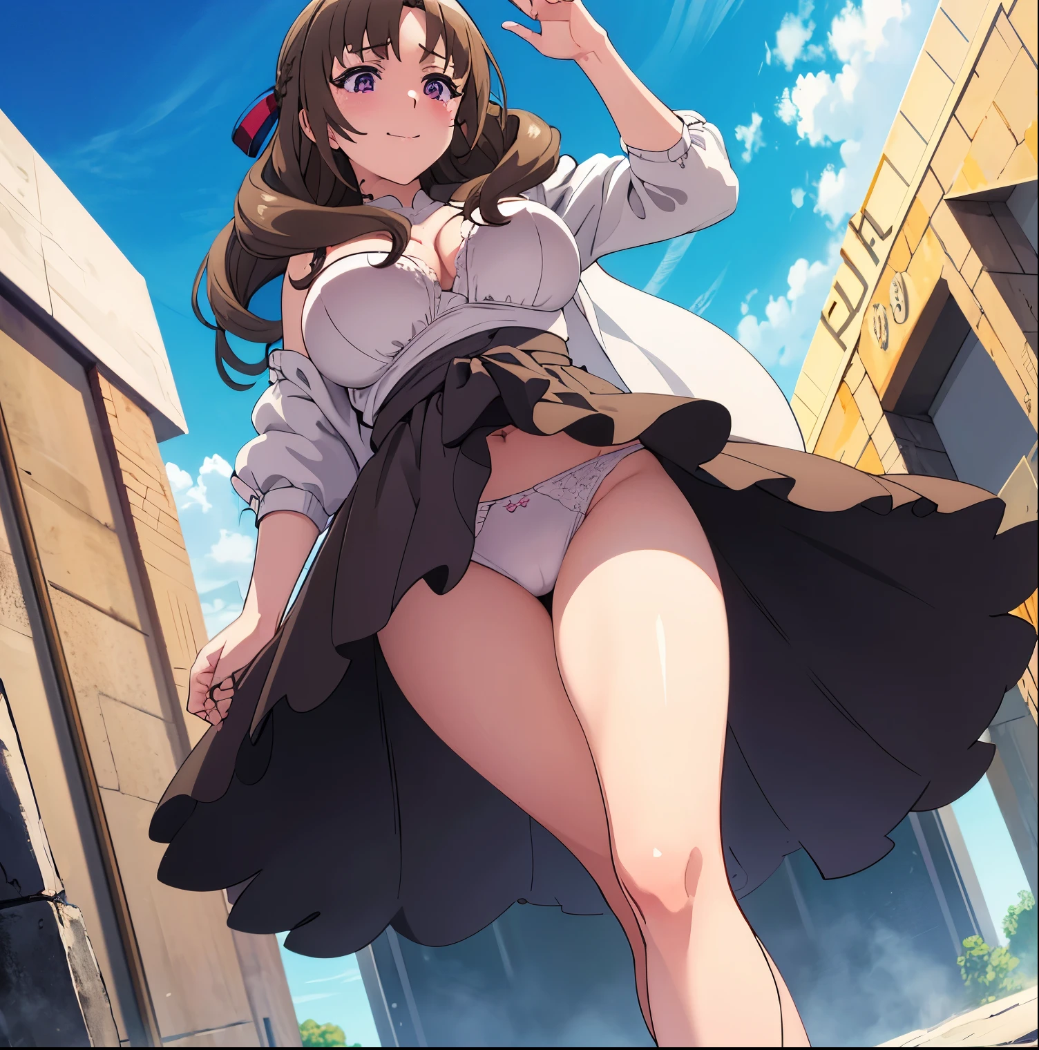 1 girl, alone, mamako oosuki, huge, busty, masterpiece, (best quality), brown hair, long hair, (loose hair), purple eyes, mature woman, white lingerie, white bra, white thong, tape, sexy woman , smile, embarrassed, blushing, vibrant colors, natural lighting, RTX, big breasts, medium waist, wide hips, medium thighs, round butt, beautiful, (detailed face: 1.2), showcase, (perfect eyes: 1.1), 8k uhd , looking at viewer, front, pov (from below), exterior, simple background, perfect hands, perfect anatomy