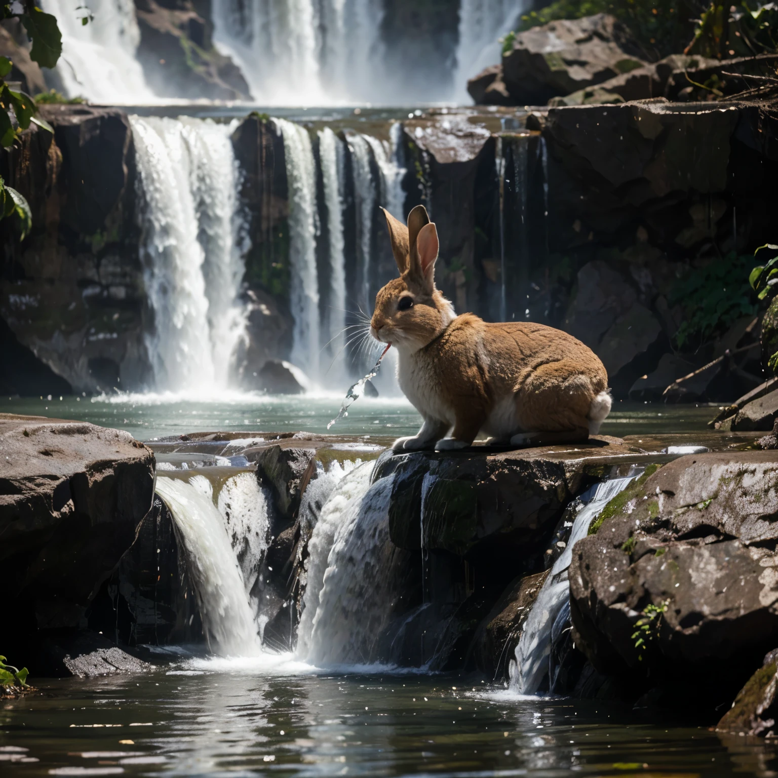 a rabbit drinking water in the waterfall at noon 
