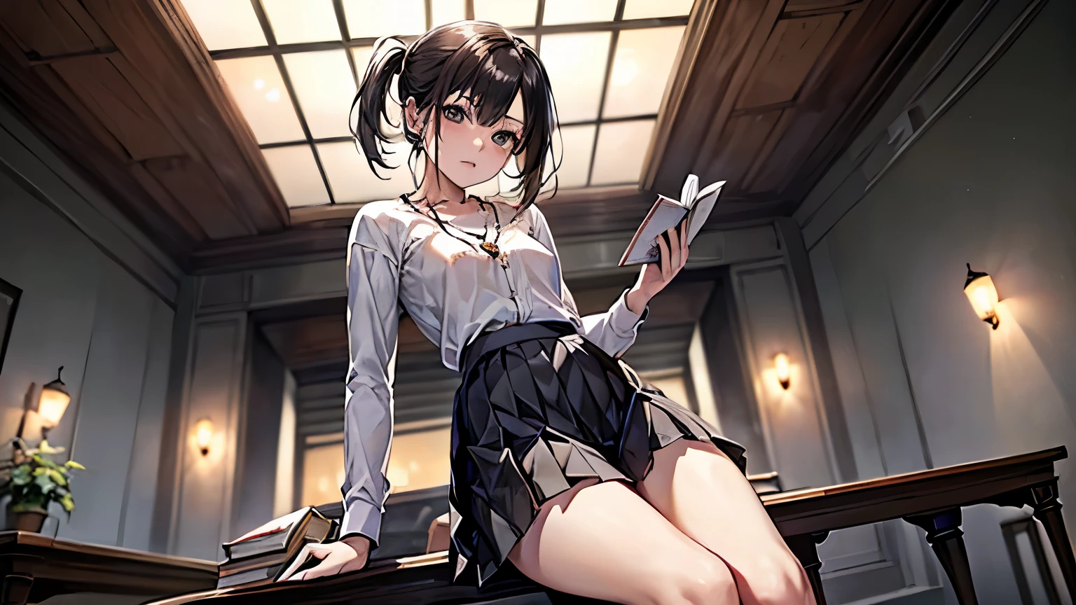 ((Biologically correct limb count))、(( 顔を含むwhole body写真))、4K、((Standing position))、masterpiece、((Symmetrical facial features))、Eye for detailed depiction、Beautiful woman、Excellent style、Beautiful clavicle、Beautiful feet、Beautiful Hands、Slender body、(Small Ass、Thin thighs)、(High heels)、Detailed depiction of the face、Small earrings、necklace、(shirt、(Block pleated skirt))、Glancing sideways、Great background、Low Angle、Reading a book、whole body、Attractive legs