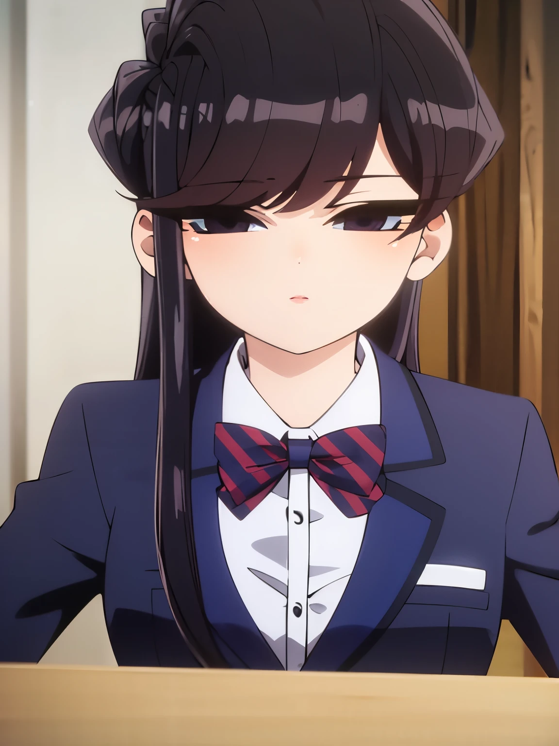 SK, 1girl, solo, upper body, portrait, looking at viewer, (body trembling), dark blue blazer, striped bowtie, , perfect quality, good quality, masterpiece, HDR, UHD