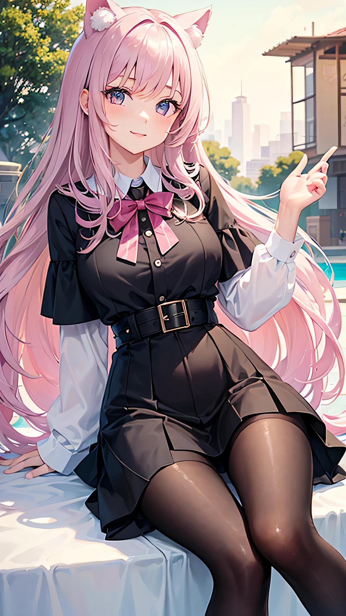 masterpiece,highest quality,Highly detailed face,fine grain,Waterfront,bubble,Sparkling eyes,Highlighted eyes,Center of chest,pretty girl,smile,Cat ear,Beautiful silver hair,Pink inside,Beautiful pink eyes,Oversized shirt、skirt、black tights