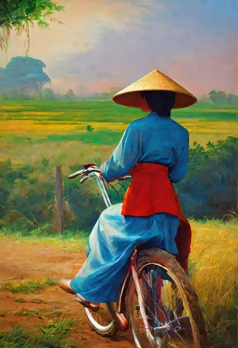 oil painting,vietnamese,traditional hat,bicycling,in a field,(best quality,ultra-detailed),vivid colors,portrait,soft lighting