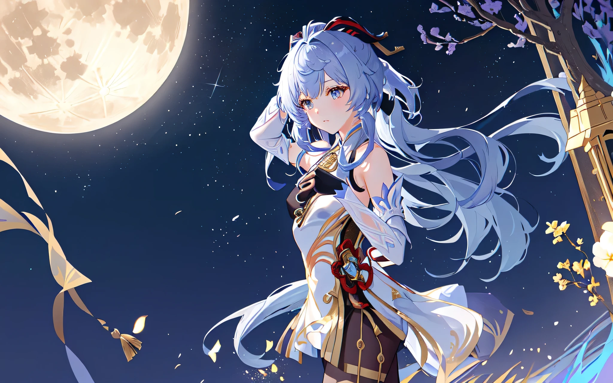 Girl standing in front of the full moon，Keqing from Genshin Impact, Ayaka Genshin Impact Background（Full Moon，night，Depth of Field，Clear skies）Delicate face, Delicate skin，Blue long hair，Tie a ponytail at the back of your head，Natural droop。Aho，（Small unicorn horn，Both sides of the head）A golden cowbell hangs from the stand collar，White short cheongsam with golden pattern，Bodycon halter top，Black stockings，Gold pattern on socks。White sleeves，Double cuffs，Gradient blue。Black long gloves，Partial gradient Highest quality Ultra high resolution, actual, Detailed hair, Very detailed, fine details, Super detailed