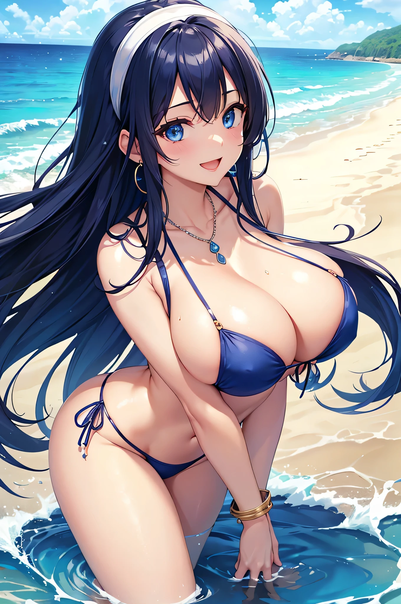 highest quality、Best image quality、masterpiece、beautiful girl、Navy blue long hair、blue eyes、Navy Blue Bikini、Big cleavage、(Big Breasts)、smile、blue necklace、Blue Earrings、background(Beach)、Sexy pose、Please open your mouth wide、White headband、angle(From the side)、bracelet