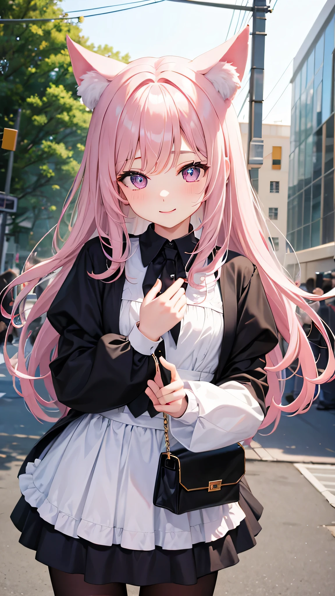masterpiece,highest quality,Highly detailed face,fine grain,Waterfront,bubble,Sparkling eyes,Highlighted eyes,Center of chest,pretty girl,smile,Cat ear,Beautiful silver hair,Pink inside,Beautiful pink eyes,Oversized shirt、skirt、black tights