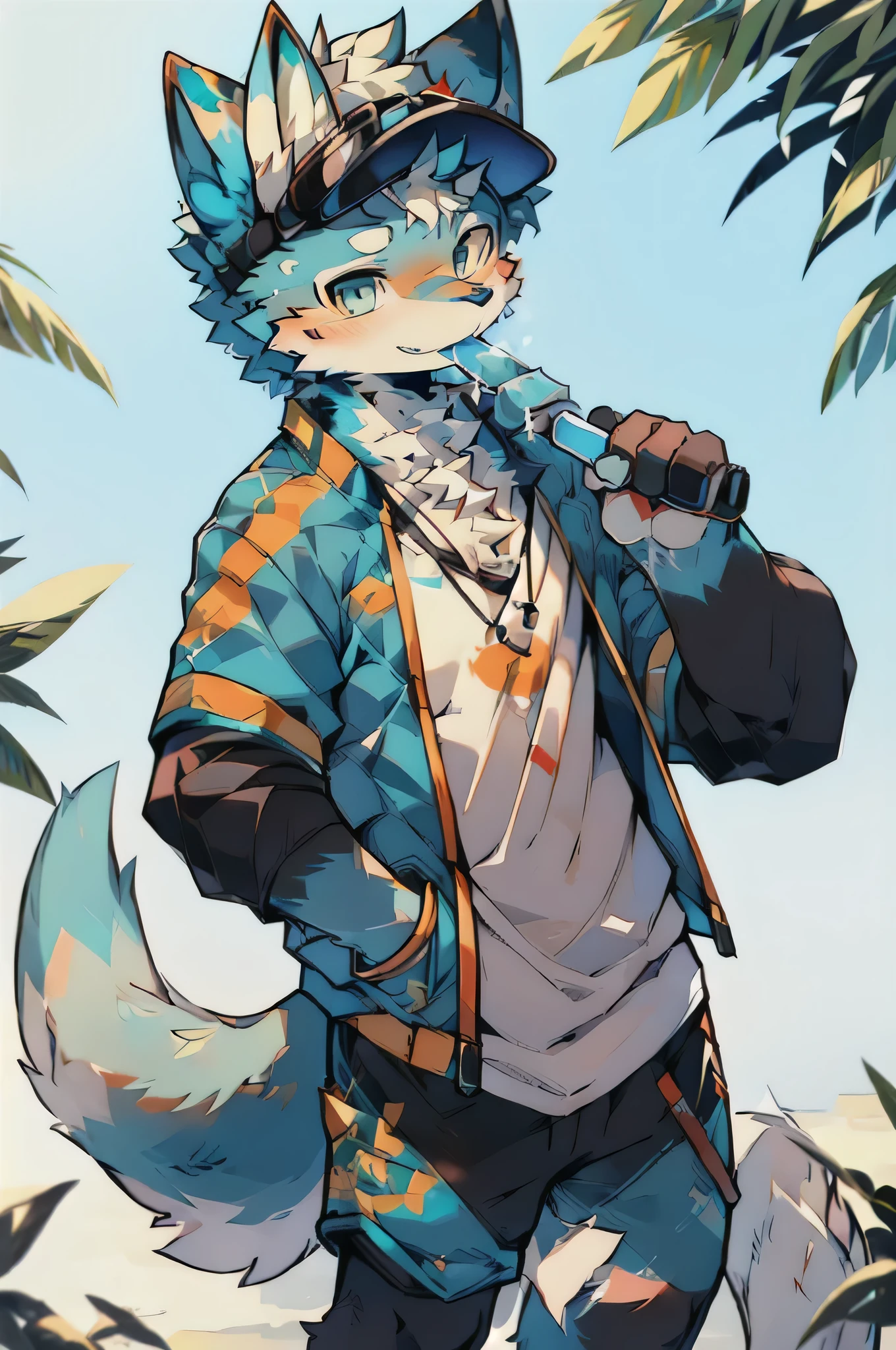 author:Kirito, Mammals,Blue fur, Furry, Canidae、fox motif、male, alone, wear, visor, Licking a popsicle, summer,