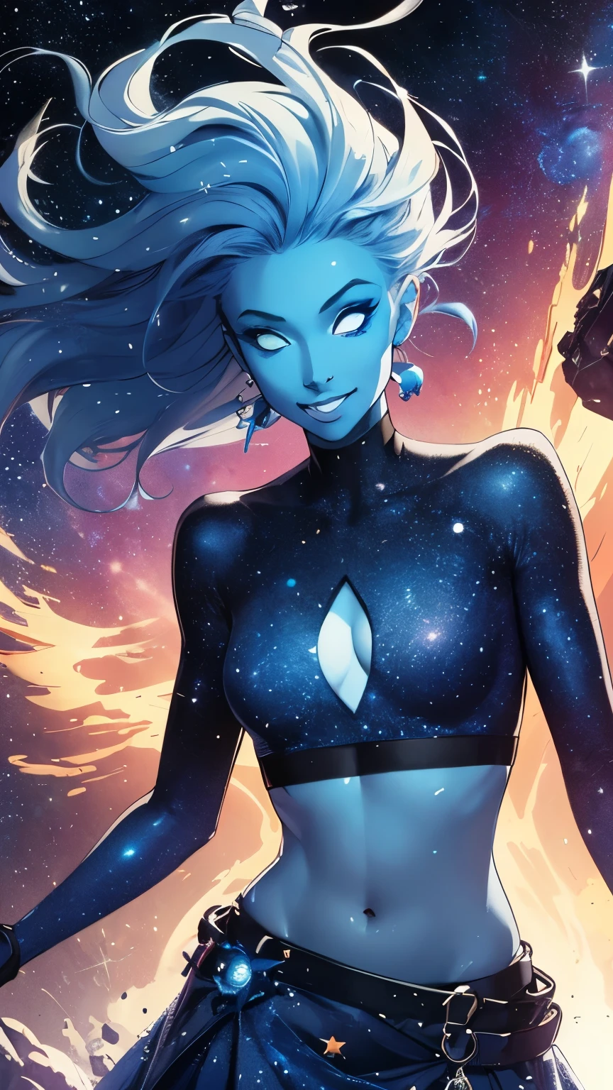 (Highly quality, masterpiece, detailed), Deep Space detailed scenario, Deep space detailed background, 20 years old girl, solo, smile, singularity, blue skin, blue toned skin, dark blue hair, no eye pupils, celestial clothes, stars on the skin, Colored Skin, glowing, glowing eyes, blue eyes long hair, Star on the girls body, dark blue top, sleeves, gloves crop top, cleavage, glitter clothes, alien girl, Dark blue skirt, Abdomen, Navel, beautiful eyes, perfect eyes, looking at the viewer, Sexy pose
