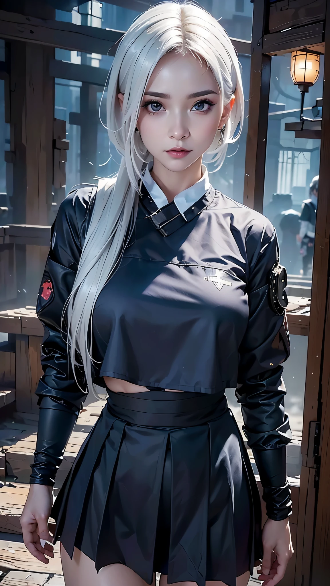(La mejor calidad,A high resolution,Ultra - detallado,actual),Ariana Grande in a  posing for a photograph, (chaqueta y falda plomo :1.4) , (uniforme de marinero con cuello suelto:1.4) , (uniforme de marinero white :1.4) , (japanese school uniform:1.4) ,( seifuku:1.4) ,,(Fondo de ruinas de mazmorra en ruinas cyberpunk :1.4 ), More detailed 8K.motor irreal:1.4,UHD,La mejor calidad:1.4, fotorrealista:1.4, textura de la piel:1.4, obra maestra:1.8,obra-prima, mejor calidad,objeto Objeto], (detailed face features:1.3),(Las proporciones correctas),(Ojos hermosos azules),  (pose vaquero), (perfect anatomy :1.4), (estilo kawaii uniforme :1.4),,( ciberpunk 2.1), (no mutaciones) 
