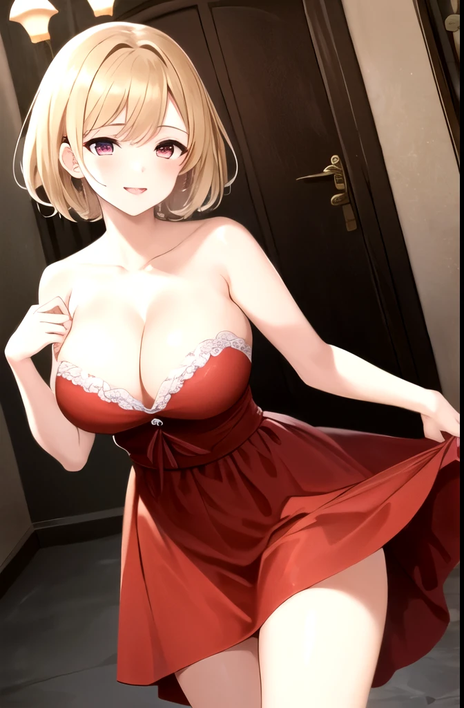 Blonde、short hair、Red eyes、Red dress、one person、A dignified smile、casino、Big Breasts、(highest quality),(High resolution),(full intricate details),(Very high quality artwork),(Extremely detailed 8K CG),((Perfect piece) ), (((masterpiece))),White mucus in her cleavage、sexy, erotic, 18+, Late teens、thin waist and limbs、Low - Angle、
