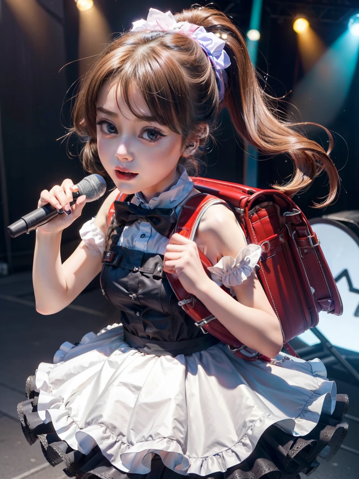 Masterpiece, hd, realistic, stage, singer, holding microphone, idol, 1 girl,ponytail, hair ribbon, hair ornaments, cute dress, idol dress, ponytail, frilled dress, perfect dress, bowtie light, elegant, best lighting, wearing school backpack,  (backpack:1.1)