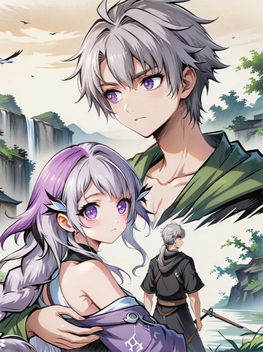 1yj1)，Close shot, 1gir, 1boy, Embrace，Eyes look at you，Purple Hair，Purple Eyes，Long hair，Gray hair，Ponytail，(1 couple)，Anime character with purple cloak，流行的Different world动漫，Official Anime Artwork，Official Fan Art，Official Art，Fantasy style anime，Shadow Poetry Style，detailed key anime art，Fantasy Anime Series，Different world，Headquarters Artwork，8K，future，hero，Doujin Art Artstation