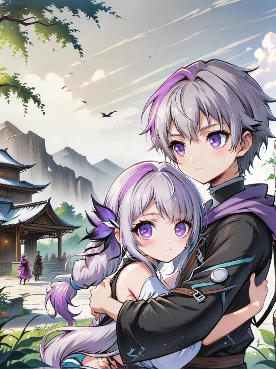 1yj1),Close shot, 1gir, 1boy, Embrace,Eyes look at you,Purple Hair,Purple Eyes,Long hair,Gray hair,Ponytail,(1 couple),Anime character with purple cloak,流行的Different world动漫,Official Anime Artwork,Official Fan Art,Official Art,Fantasy style anime,Shadow Poetry Style,detailed key anime art,Fantasy Anime Series,Different world,Headquarters Artwork,8K,future,hero,Doujin Art Artstation